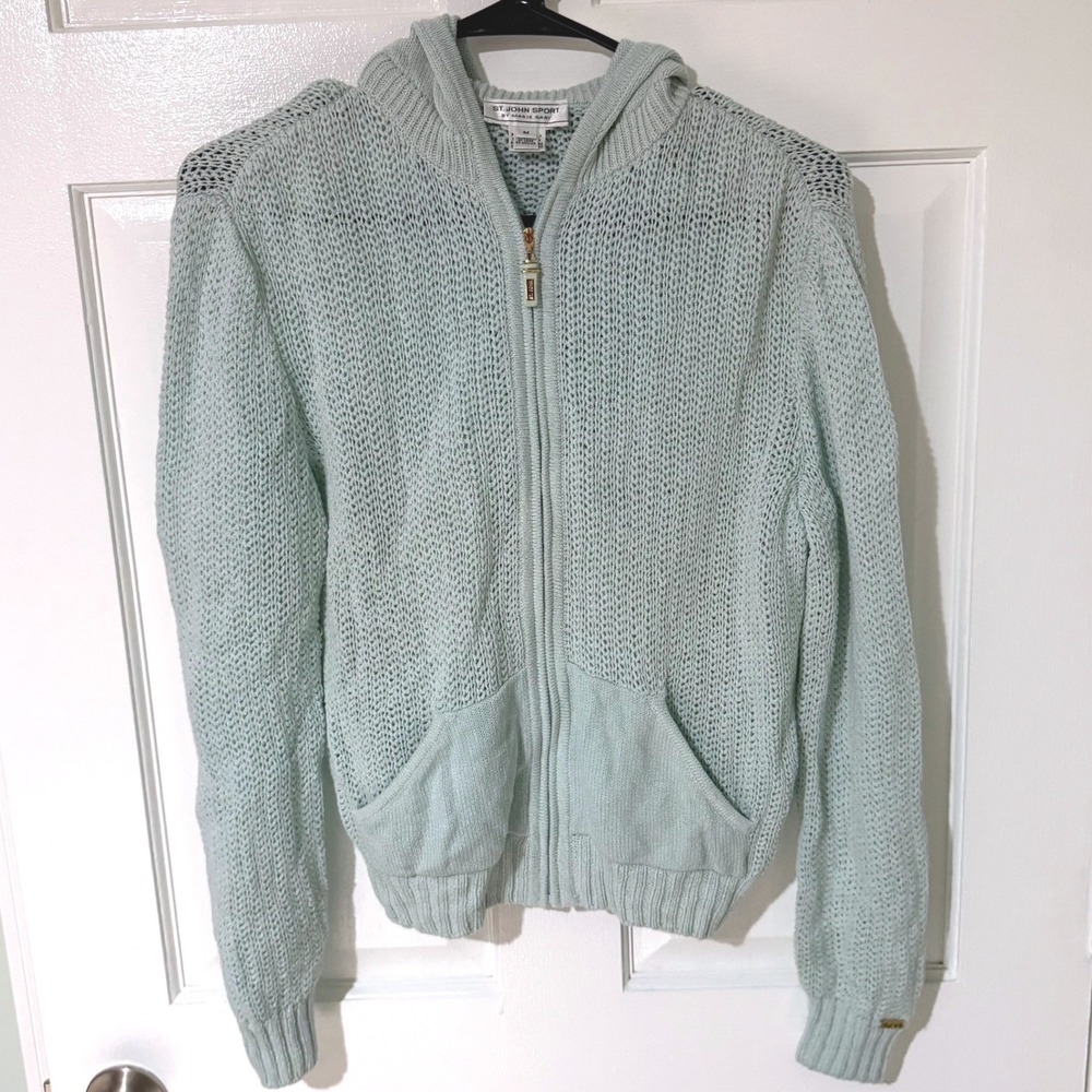 St John Sport Mint Green Open Knit Zip Up Hoodie Sweater Womens M